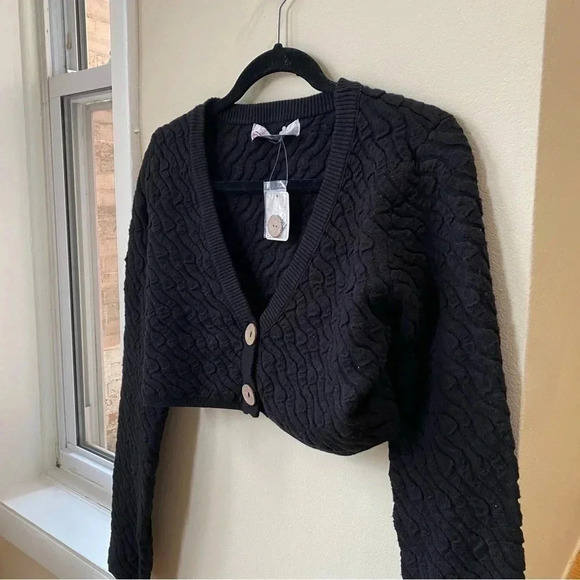 NWT Free People Ziggy Wide Leg Pants Sweater Set Crop Top Cardi Large Black - Picture 5 of 12